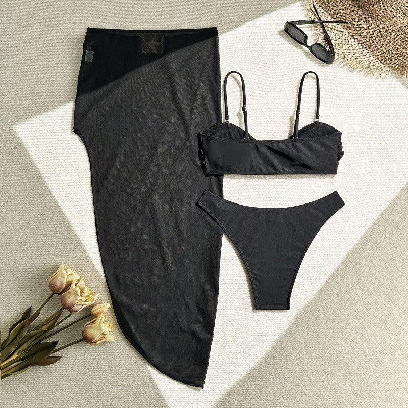 Womens 3 Piece Bikini Sets Sexy Bandeau Swimsuits for Women Lace Up Mid Rise Ruched Strapless Bathing Suits