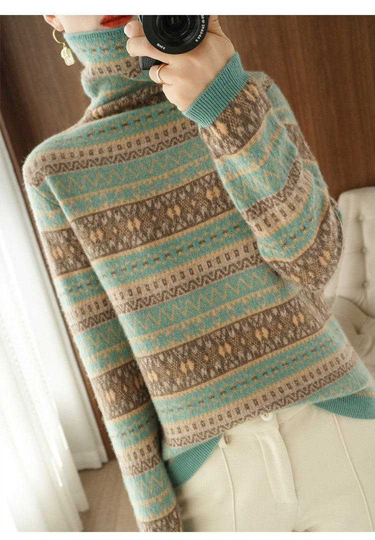 Autumn and Winter New 100% Wool Cashmere Sweater Women's High Neck Pullover Casual Knitted Loose Korean Fashion Color Block Top