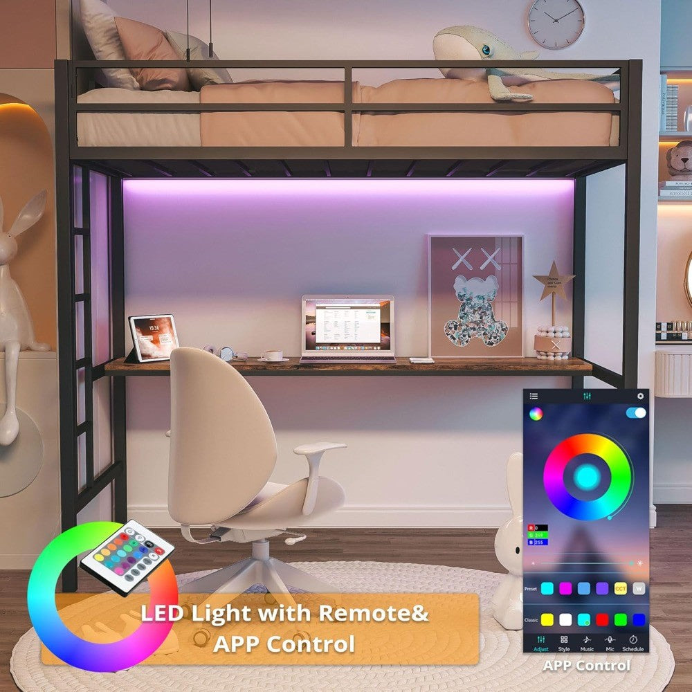 Cama Beliche Loft de Metal Tamanho Solteiro com Escrivaninha, Tomada, Luzes LED, Economia de Espaço, Sem Ruído, Preto