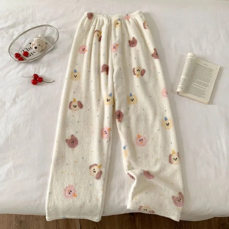 Yuguigou Flannel Sleeping Pants For Women Thickened Coral Fleece Pants For Autumn And Winter Cute Student Warm Plush Home Pant