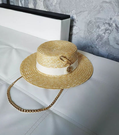 2023 Summer sun hat Lafite grass French straw hat Women's chain decorated straw hat Holiday Sun hat Punk style  beach