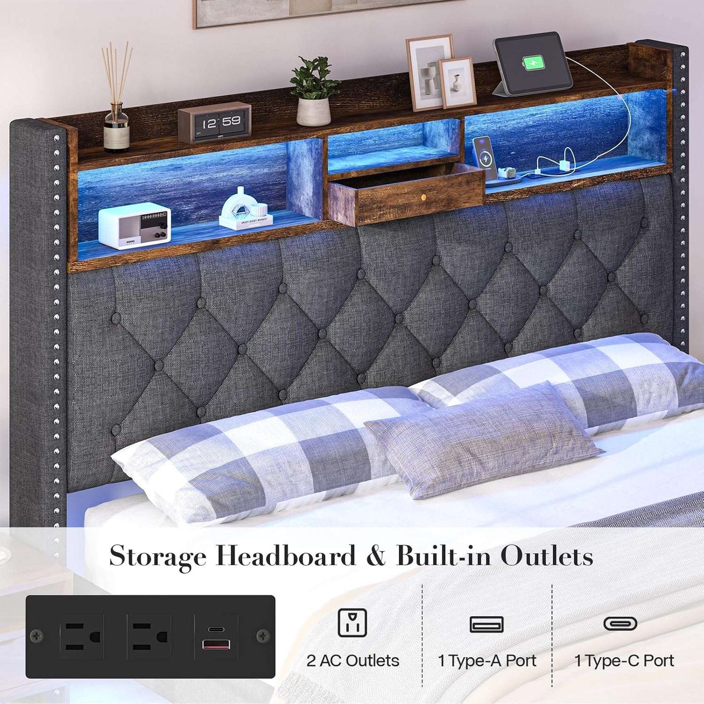 Linen Full Size Bed Frame with 2-Tier Storage Headboard and Charging Station, Upholstered Platform Bed Frames with 2 Sto