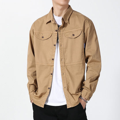 Men Slim Fit Turn-Down Collar Loose Cargo Shrit Spring Autumn Casual Wash Cotton Safari Style Jacket with Multiple Pockets Coat