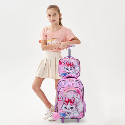 3PCS Set Rolling Backpack For Girls, Cute Cartoon Cat Sequin Design Wheeled Bags With Lunch Box And Pen Bag-Pink Red