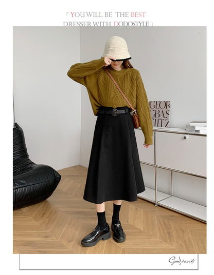 Plus Size Woolen Skirt Women 2024 Autumn Winter New Arrivals High Waist A Line Skirt With Belt Korean Fashon Skirts Womens