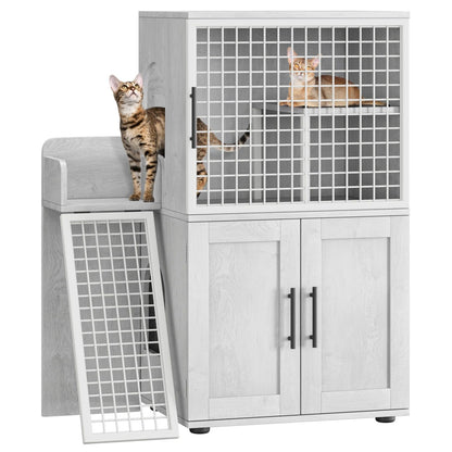 Caixa de Areia para Gatos Oculta com Plataforma, Móvel para Gatos de Camada Dupla, Móvel para Banheiro de Gatos, Casinha de Gatos com Escada