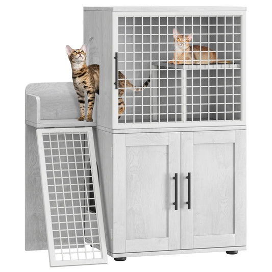 Caixa de Areia para Gatos Oculta com Plataforma, Móvel para Gatos de Camada Dupla, Móvel para Banheiro de Gatos, Casinha de Gatos com Escada