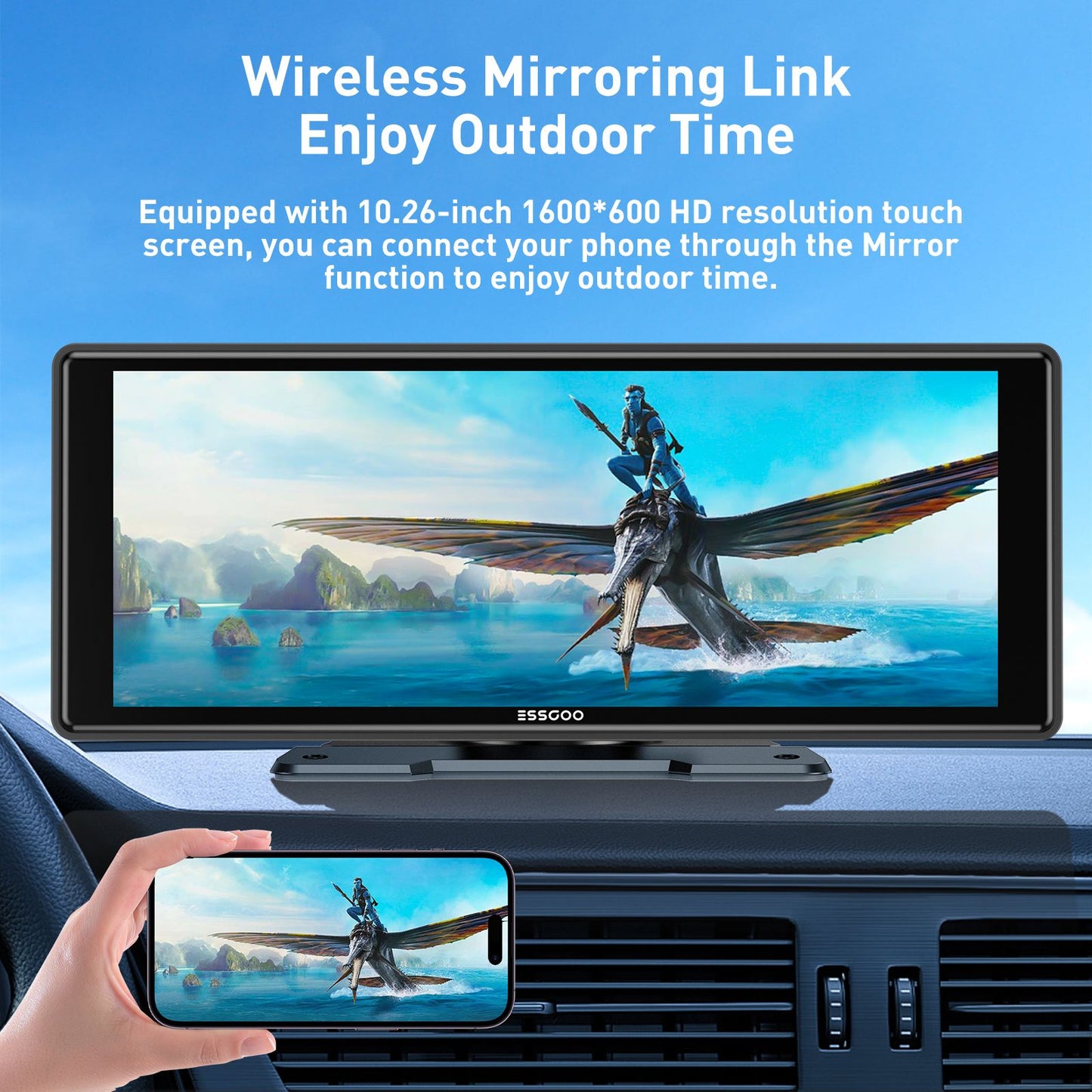 ESSGOO 10.26" portable universal car stereo Radio HD Tour screen GPS Navi WIFI Apple carplay Android auto BT MIrror link AUX FM