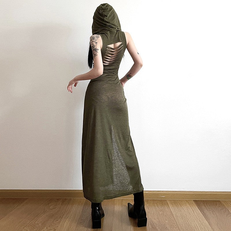 Goth Dark Cyber Gothic Desert Walker Hooded Dresses Y2k Punk Grunge Hollow Out M
