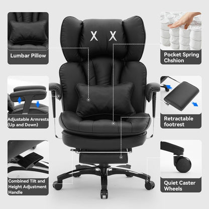 Cadeira de Escritório Grande e Alta para 400lbs, Cadeira de Escritório Executiva Ergonômica de Encosto Alto com Apoio para os Pés, Cadeira de Mesa de Computador Larga para Home Office