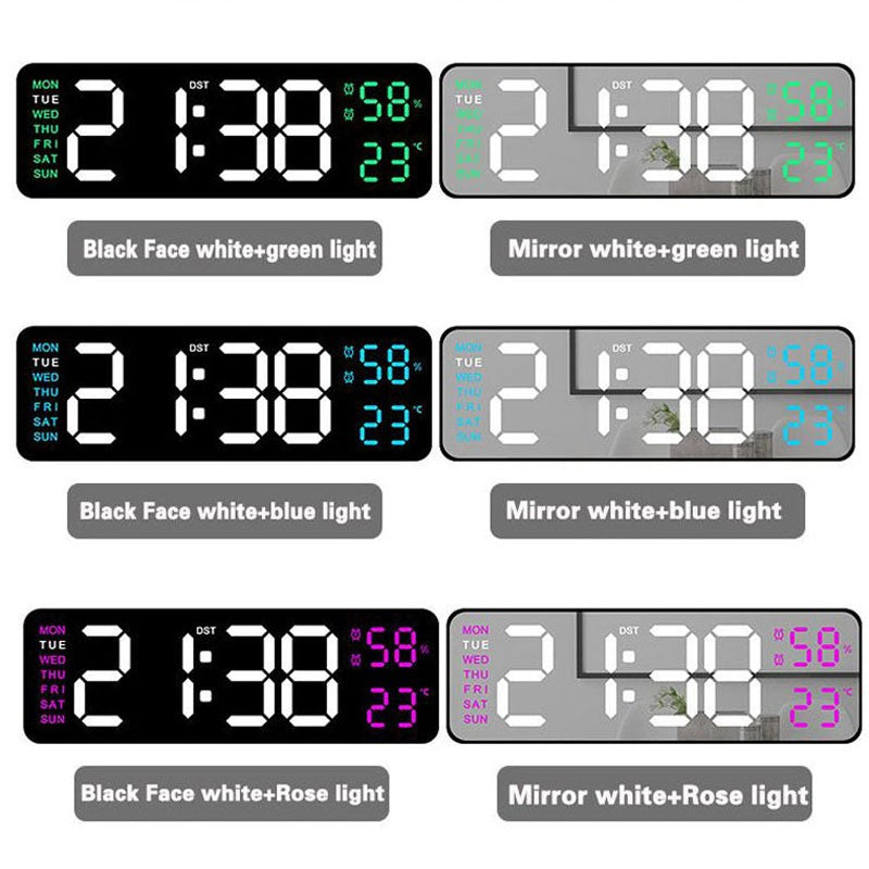 Digital LED Alarm Clock with Calendar,Temperature and Humidity. Acrylic or Mirror Surface Selectable. Desk Clock or Wall Hanging