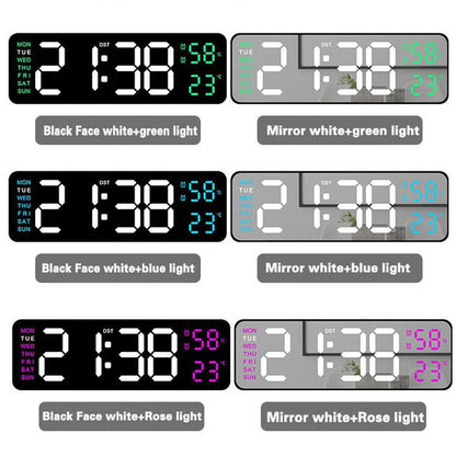 Digital LED Alarm Clock with Calendar,Temperature and Humidity. Acrylic or Mirror Surface Selectable. Desk Clock or Wall Hanging