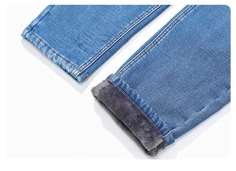 2024 Winter Warm Jeans Men's Fleece Thickened Slim Straight Trousers Fashion Stretch Cotton Casual Denim Pants Brand Clothes