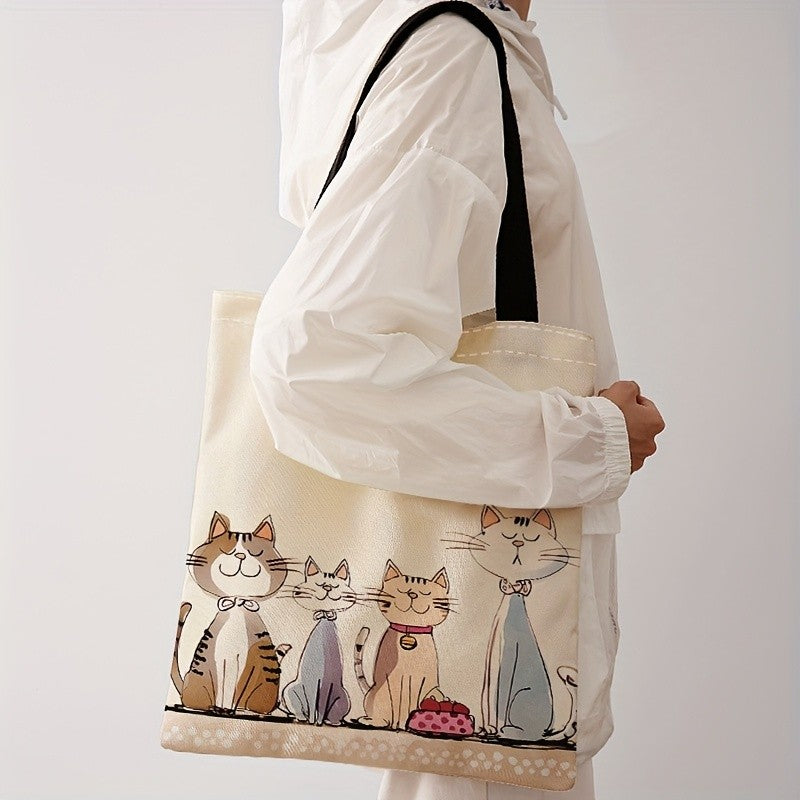 4 Cute Kitten Print Tote Bag - Large Capacity, Foldable Shoulder Bag with Black Handles, Lightweight Shopping Bag for Travel