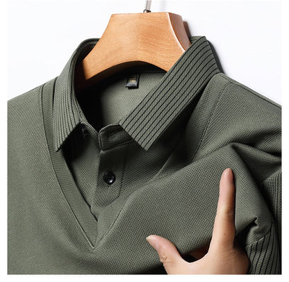 Fashion Fake Two-piece Men Long Sleeve Shirt Stripe Splice Lapel Loose Casual Pullover Tops 2025 Male Formal Business Polo Shirt
