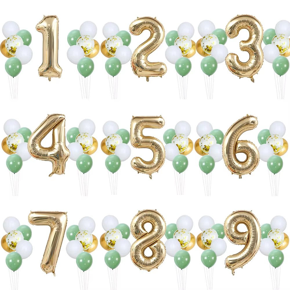14pcs Sage Green White Metal Gold Balloons Set 40inch Light Gold Number Balloon for Boy Girl Baby Shower Birthday