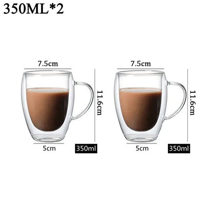 Caneca transparente de parede dupla 2-6 peças Copo de café e leite de vidro borossilicato alto resistente ao calor para casa e escritório