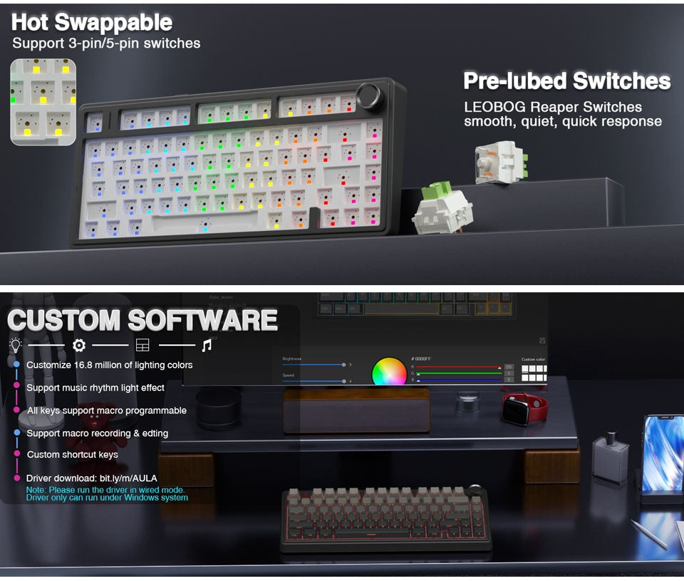 Teclado Mecânico Gamer AULA F75 RGB Layout 75% Personalizado Gravação Lateral Montagem Gasket 80 Teclas Keycaps PBT Gradiente