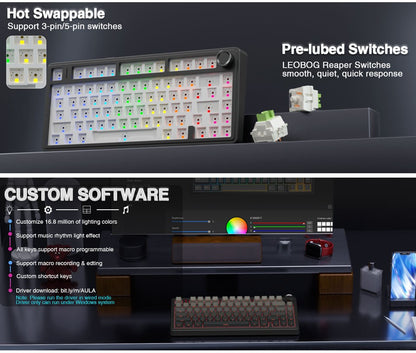 Teclado Mecânico Gamer AULA F75 RGB Layout 75% Personalizado Gravação Lateral Montagem Gasket 80 Teclas Keycaps PBT Gradiente