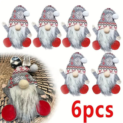 Um conjunto de 6 talheres (garfo e faca) temático de anões com um saco de armazenamento de tecido - talheres xadrez vermelho e branco, adequado para o Natal