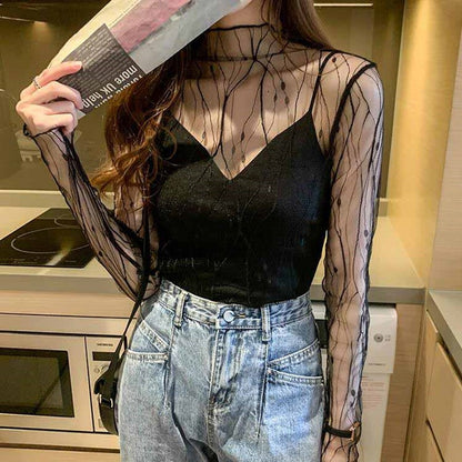 Lace Sheer Women‘s T-Shirt Fashion Mesh Summer Thin Bottom Shirt Transparent Long Sleeve Blouses Ladies Tops High Neck Tee Soli