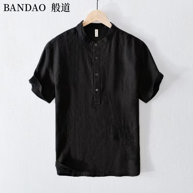 Chinese Style Spring and Summer Loose High-end Men's Linen Short-sleeved Cotton Linen Casual Breathable Shirt Collar T-shirt