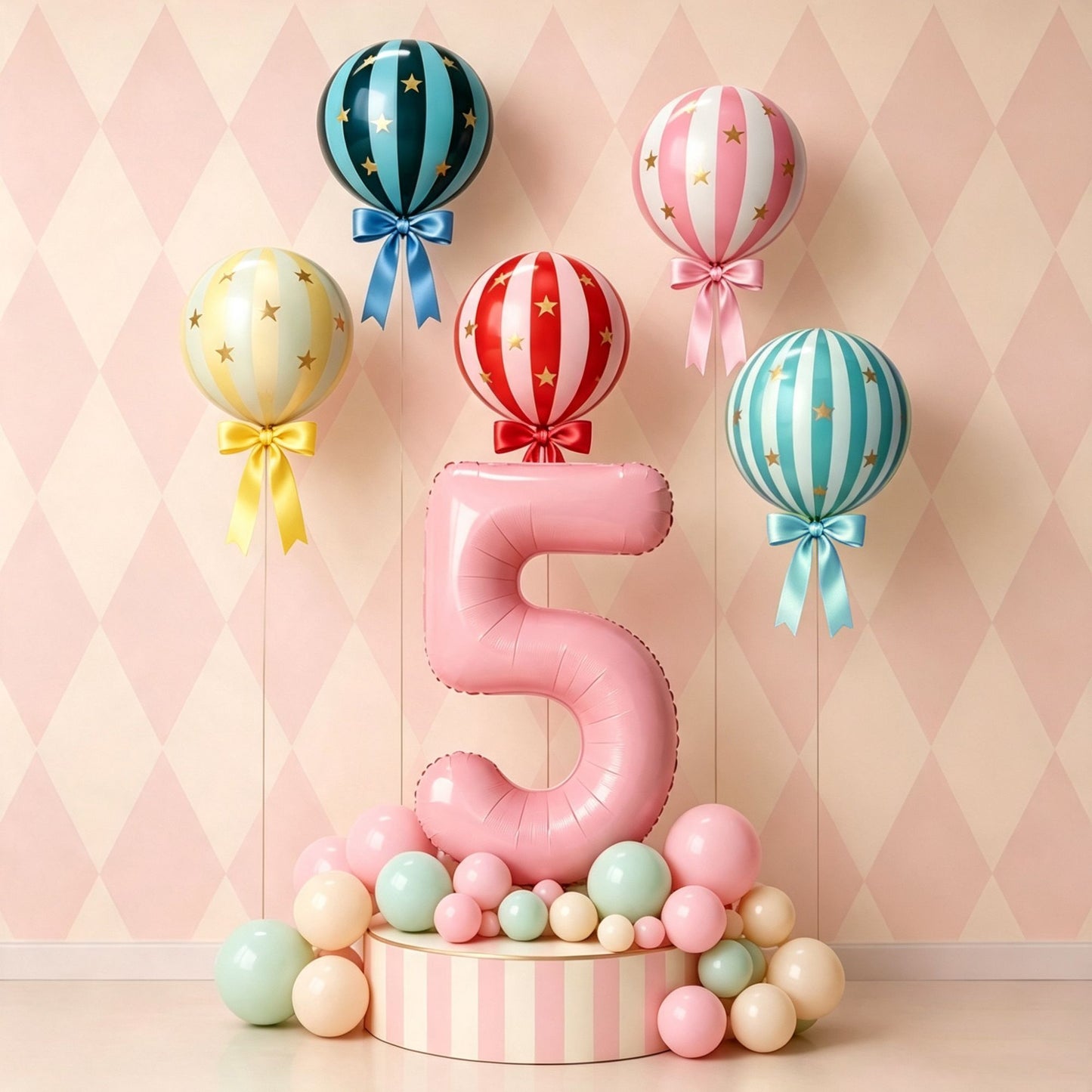 Pink 32 inch Digital 4D Striped Star Foil balloon Set, Ribbon Suitable for Birthday Parties, Showers, Anniversaries, Christmas