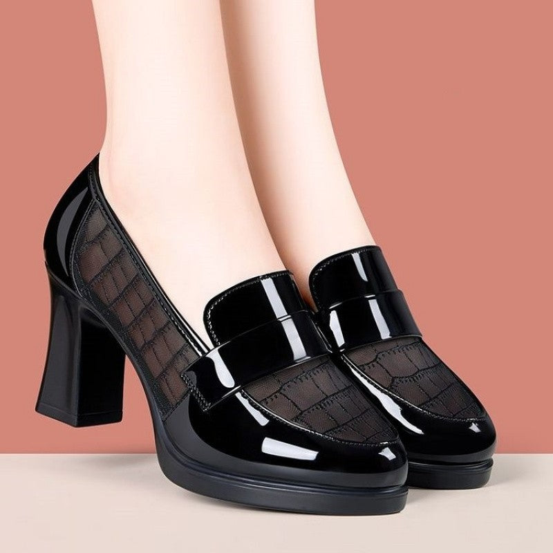 2025 Primavera/Outono Salto Alto Feminino de Malha e Couro - Mocassins de Salto Médio Vazado em Couro Macio com Sola Macia e Salto Grosso