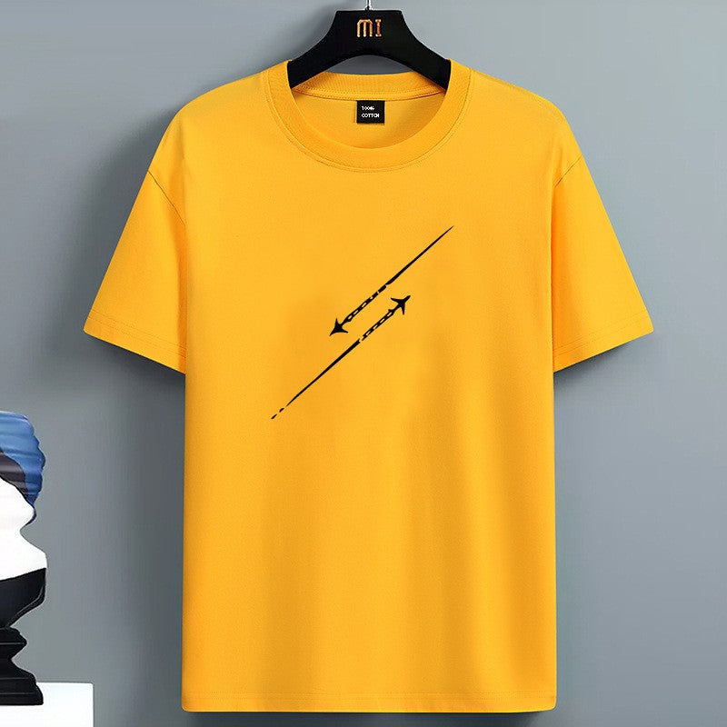 Men's Summer 100 Pure Cotton Fashionable Casual Loose Minimalist Airplane Pattern Printed Round Neck Short Sleeved T-shirt Top
