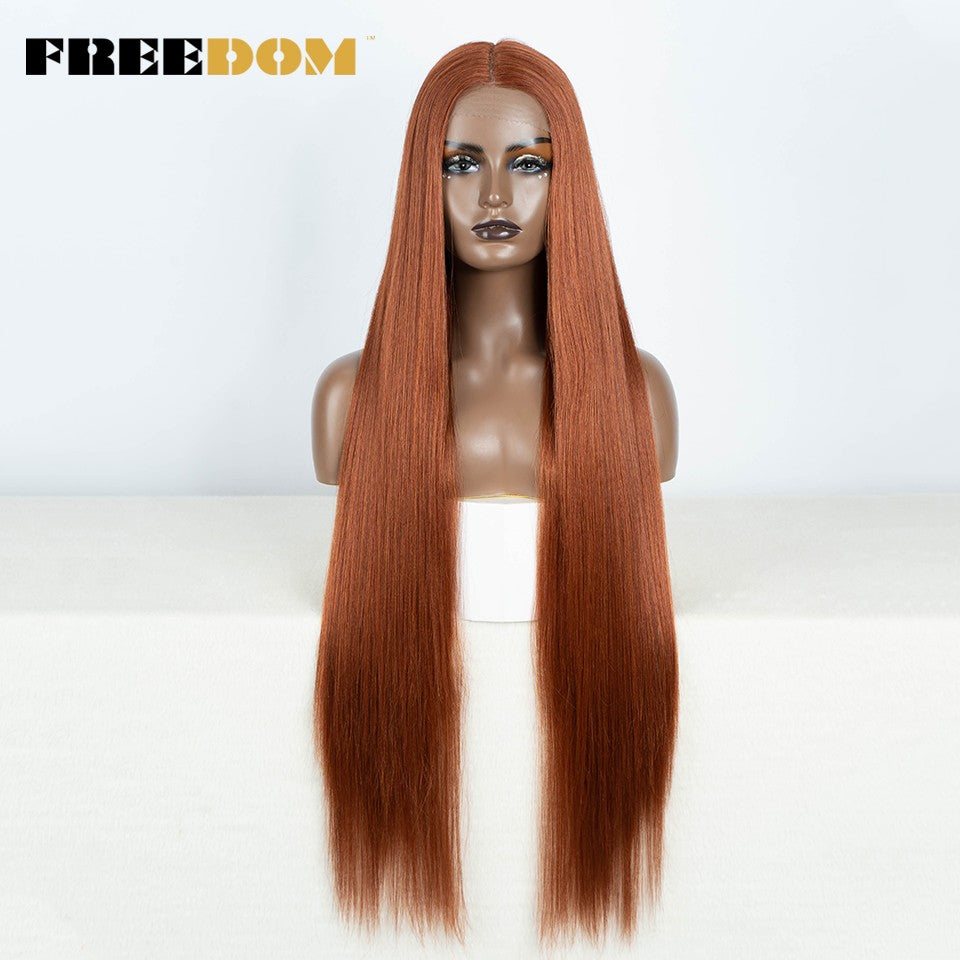 Peruca frontal de renda sintética FREEDOM para mulheres, 38 polegadas, longa, lisa, ombré, marrom, vermelho, gengibre, destaque, perucas frontais de renda, peruca de cosplay