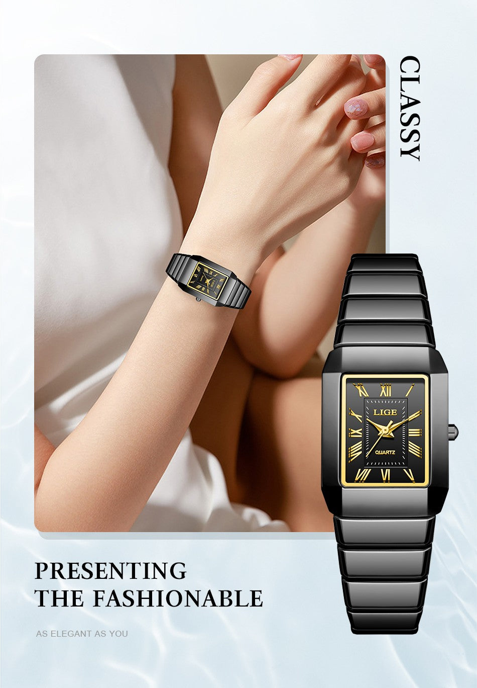LIGE New Black Watch Women Fashion Creative Square Stainless Steel Ladies Waterproof Watches Elegant Bracelet Quartz Wristwatch