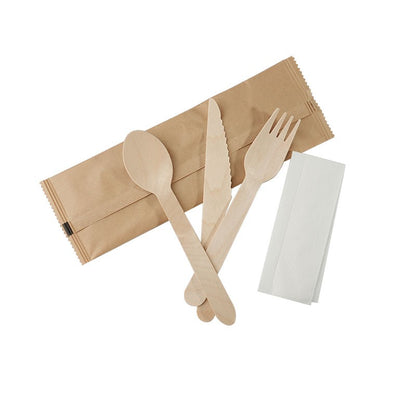 20pcs Disposable Wooden Cutlery Combo(Fork Knife Spoon Paper Napkin) Portable Party Camping Biodegradable Wooden Tableware Set