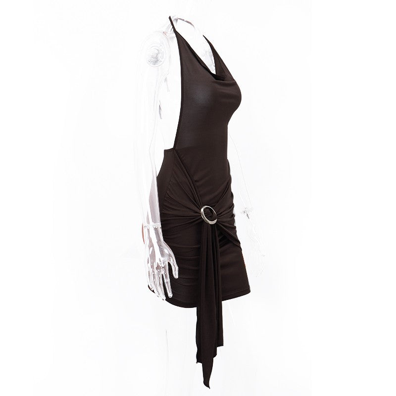 WhereMery Vintage Brown Low-cut Backless Mini Dress Y2K Women Bandage Pleated A-