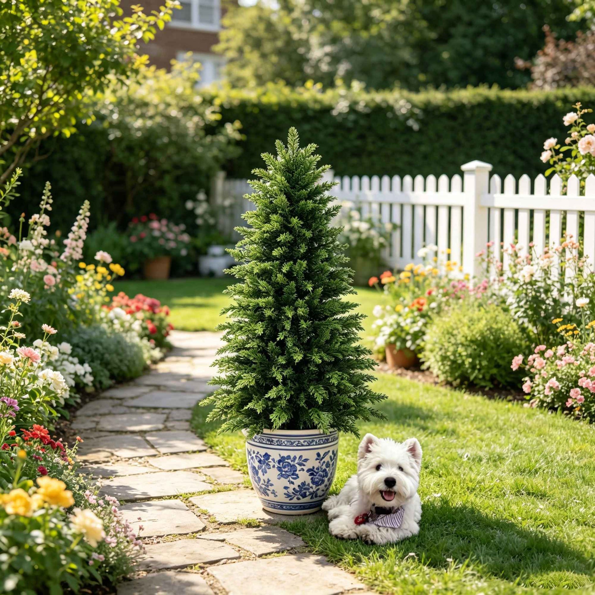 2/3/4/5/6FT Artificial Topiary Cedar Trees UV-Resistant Faux Evergreen Outdoor Indoor Plants Black Pot Faux Cedar Topiary Plants Christmas Trees for Front Porch Entryway & Patio Xmas Decor