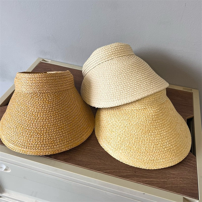 Chapéu de Sol Feminino USPOP de Verão com Aba Grande, Estilo Tiara de Ráfia, Casual e Aberto, para Praia