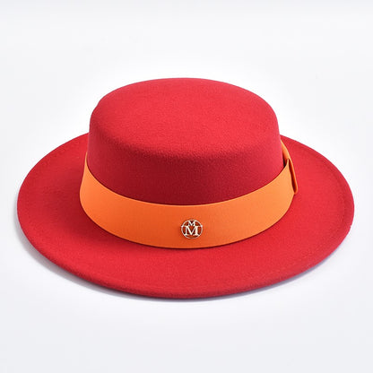 British Style Fedora Hats for Women Fashion Autumn Winter Flat Top Bow Elastic Ribbon Felt Hats Wedding Dress Jazz Cap