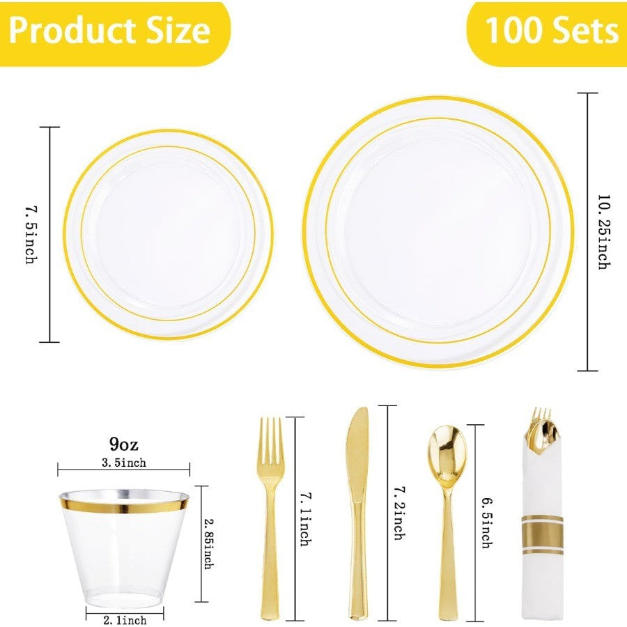 350PCS Clear Gold Plastic Dinnerware Set for 50 Guests Thanksgiving Plates Disposable Include: 50 Dinner Plates 50 Dessert Plat