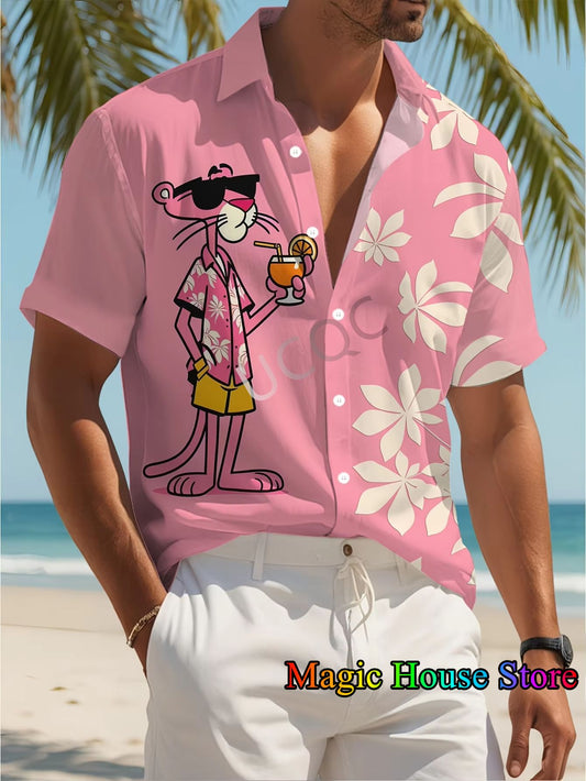 MINISO New Men's Lapel Short Sleeve Hawaiian Shirt Summer Pink Panther Print Hawaii Vacation Casual Fashion Kids/Adult ?Tops