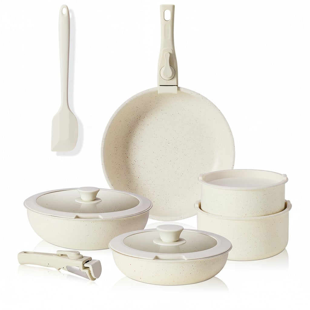 12 Pcs Ceramic Nonstick Cookware Set, Carote Pots and Pans with Removable Handles, Non-Toxic Cow Print Design Kitchen Essentials