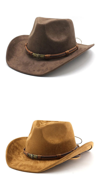 Chapéu Unissex de Cowboy/Cowgirl com Fivela, Chapéu Fedora Clássico de Aba Larga para Homens e Mulheres