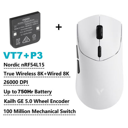 Mouse Gamer Sem Fio Rapoo VT7 MAX /VT7 Taxa de Sondagem Sem Fio Verdadeira de 8K 53g Leve Até 750h de Duração da Bateria