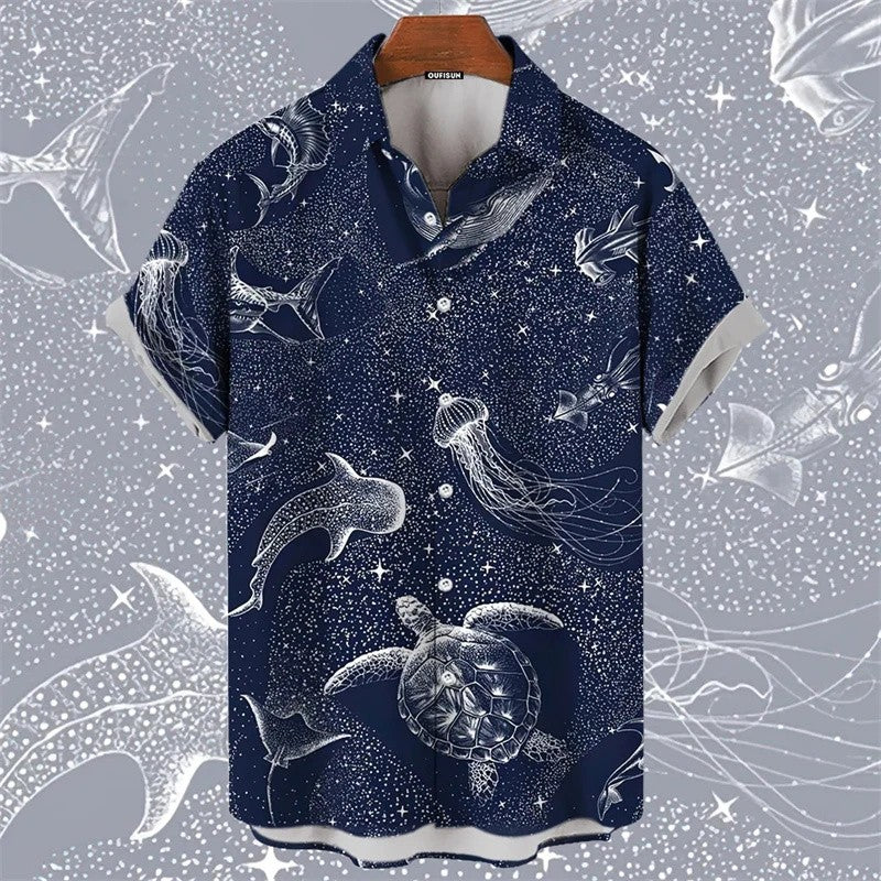 2025 Men's Shirt Hawaiian Marine Animal Print Top 2025 New Summer Whale Pattern Short Sleeved Top Camisas Estampadas