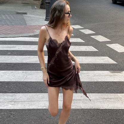 HXAO Womens Dresses Lace Asymmetric Slip Dress Summer 2025 Sexy Evening Dresses Ladies Mini Brown Sleeveless Backless Vestidos