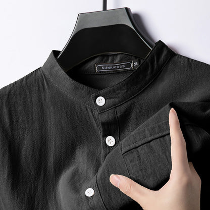 Summer Men's Stand Up Collar T Shirts Solid Color Short Sleeve Linen Shirt Trendy Breathable Loose Lightweight Basic Pocket Top