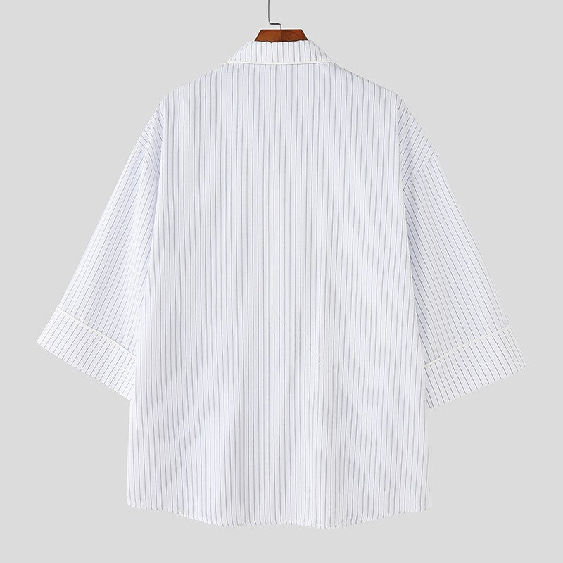 INCERUN Men Striped Shirt Lapel 3/4 Sleeve Oversize Casual Men Clothing Streetwear Korean Style Loose Fashion Tops Male Shirts