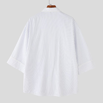 INCERUN Men Striped Shirt Lapel 3/4 Sleeve Oversize Casual Men Clothing Streetwear Korean Style Loose Fashion Tops Male Shirts