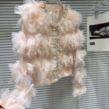 2025 Autumn New French Pearl Lace Layered Mesh Jacket Top