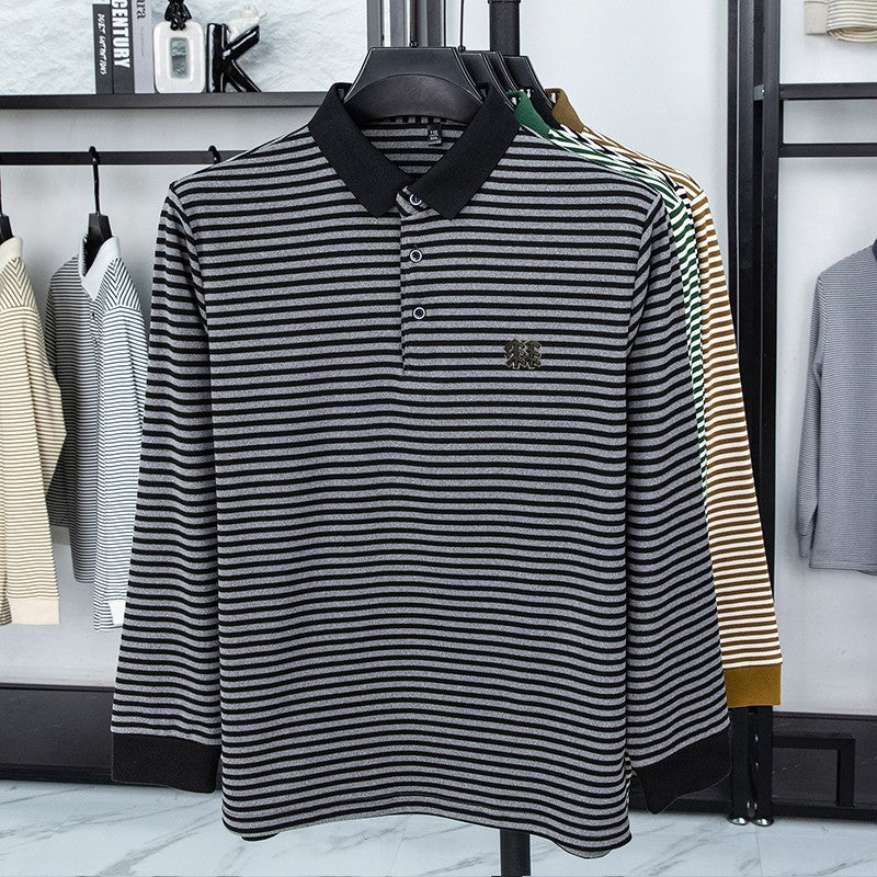 Men's Long Sleeved T-shirt, Youth Lapel T-shirt, Autumn Clothes Striped Polo Shirt Double-sided German Velvet 2025 New Trend Top