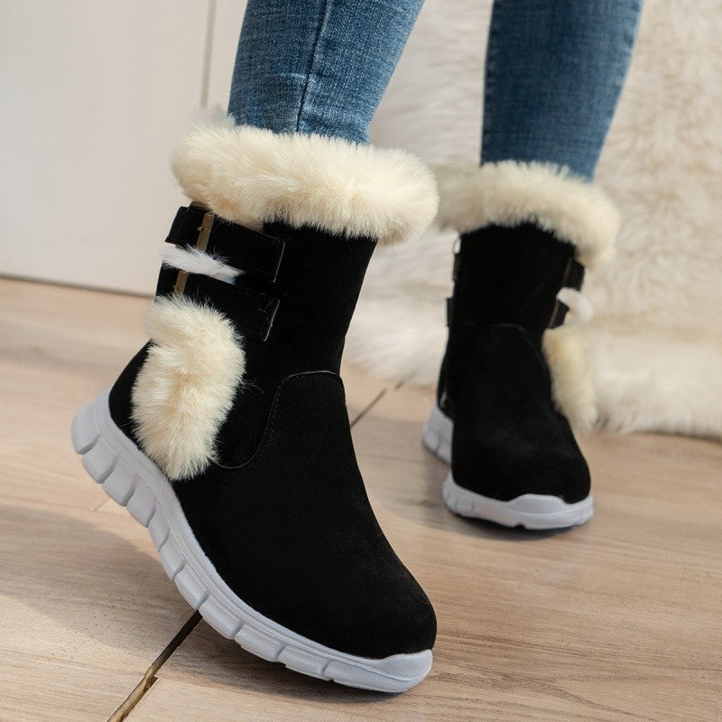 Winter Round Toe Plus Velvet Warm Side Zipper Casual Mid-calf Boots New Comfortable Fashionable Buckle Flat Snow Boots for Women