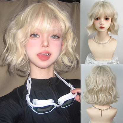 Peruca Sintética Lolita Curta Cacheada 12 Polegadas Doce E Adorável Dourado-Branco Natural Fofa Cabelo Ondulado Cosplay Peruca De Cabeça Cheia Para